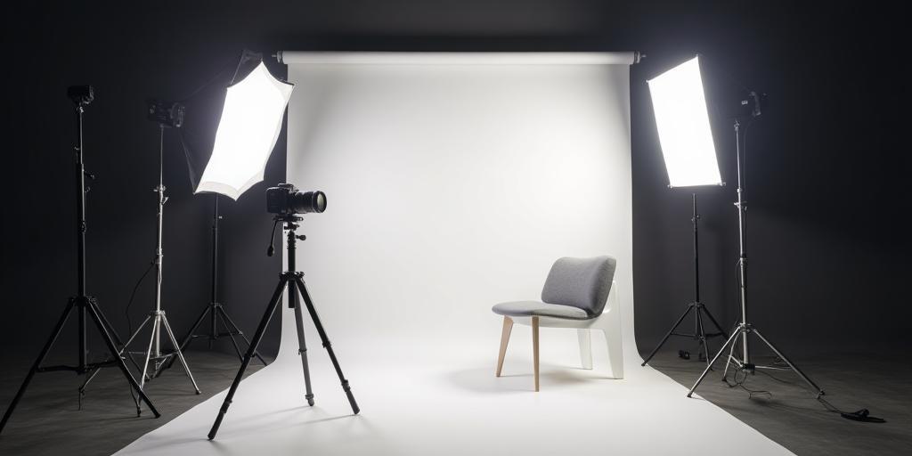 Professional photo studio setup with lights, camera, and backdrop