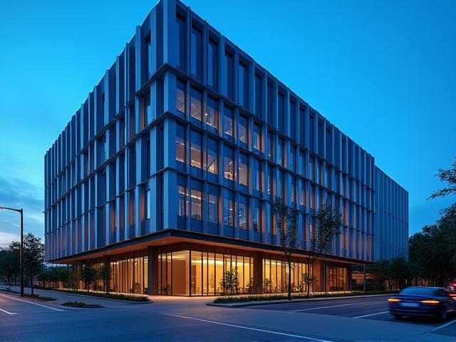 Modern office building exterior with geometric lines and glass captured at dusk