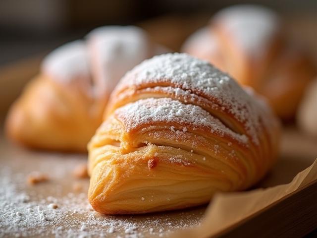 Close-up commercial photo of a delicious pastry with powdered sugar