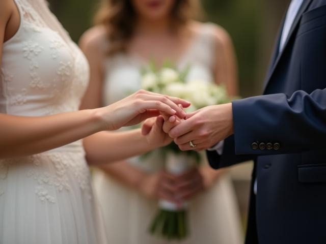 Candid moment during a wedding ceremony, showing a couple exchanging rings