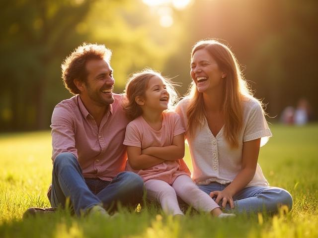 Joyful family laughing together in a sunny park setting during a lifestyle photoshoot