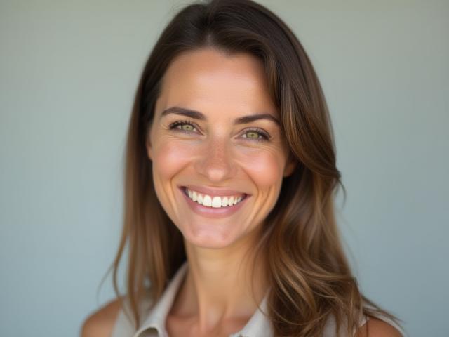 Professional studio portrait of a smiling woman with soft lighting