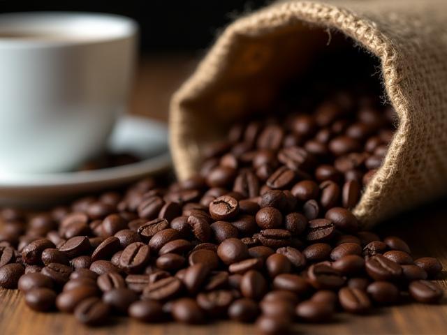 Styled product shot of roasted coffee beans spilling from a burlap bag next to a coffee cup
